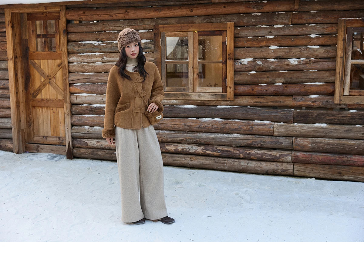 MISHOW Brown Round Neck Coat Button Pockets Loose Windproof MXE90W0994