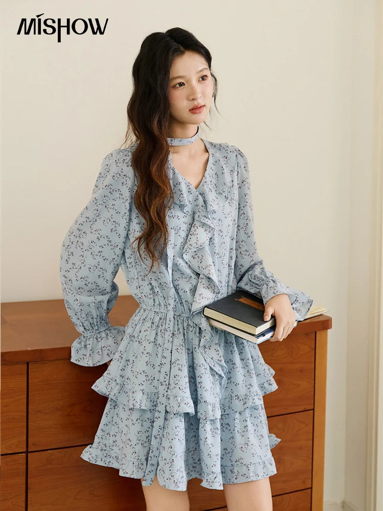 Mishow Blue Floral V-Neck Ruffled Puff Sleeve Dress MXE46L2517