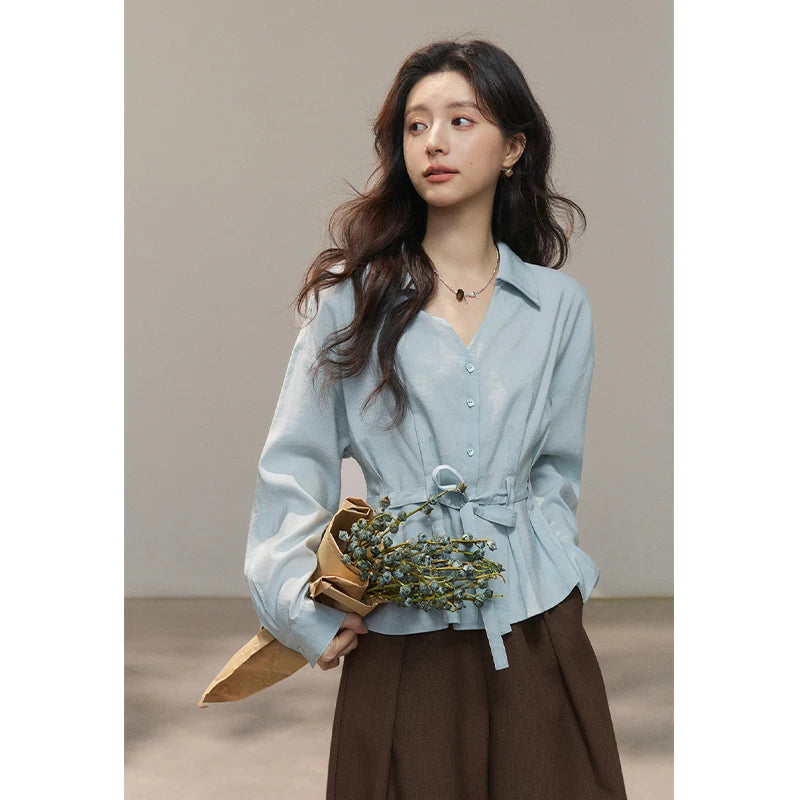 MISHOW Light Blue Lyocell Shirt V-Neck Belted Waist MXF13C2437