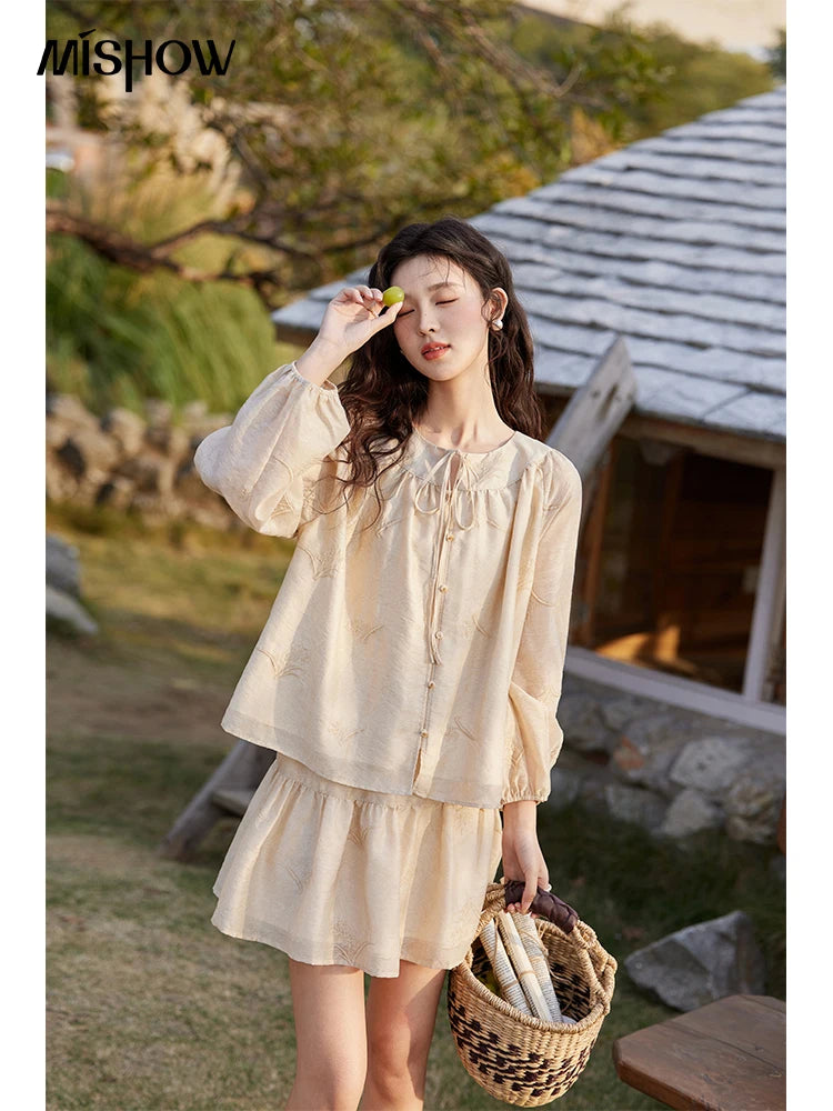 Mishow Iris Embroidery Blouse & Elastic Waist Skirt Set MXE13T0454