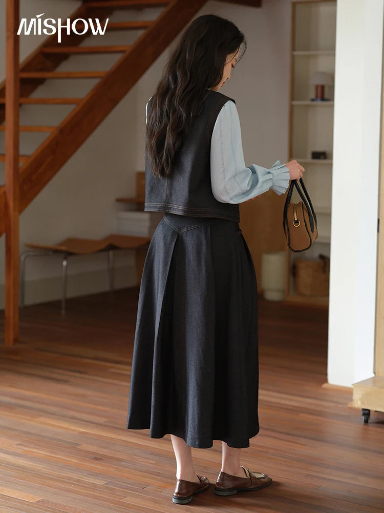 MISHOW High Waist Pleated Umbrella Denim Skirt A-LINE MXE41B2372