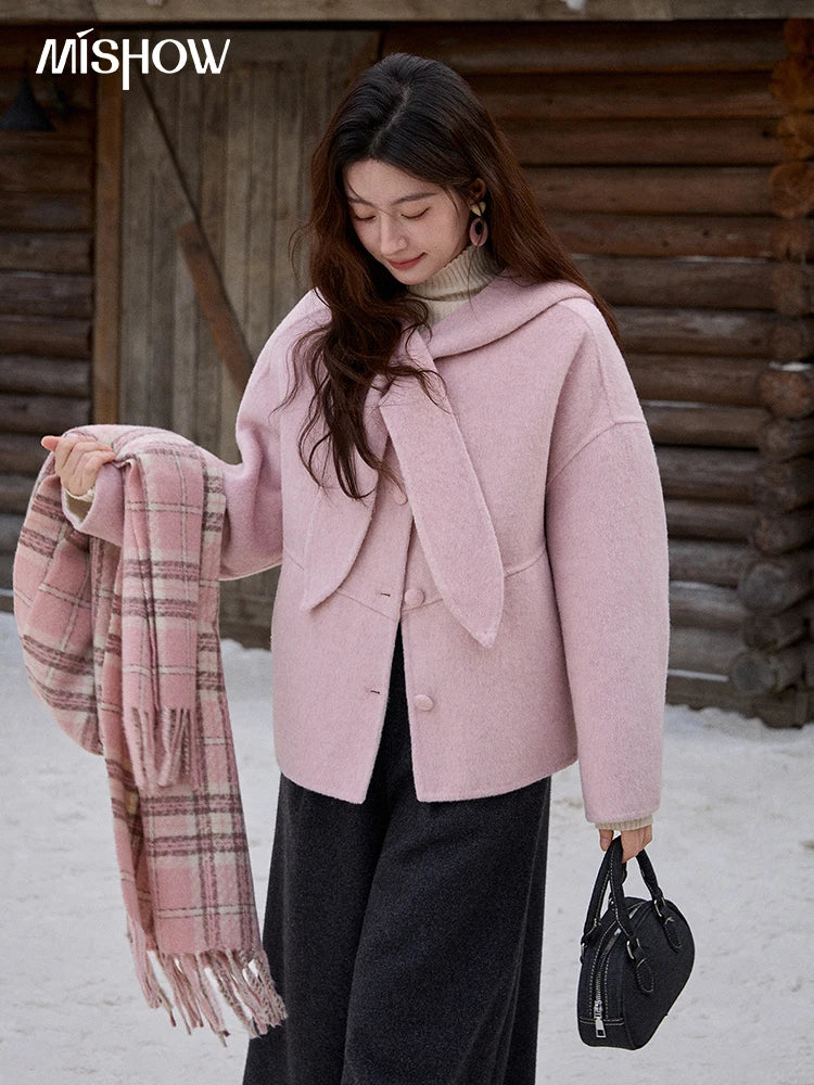 Mishow Pink Wool Hooded Bow Tie Strap Coat MXE91W1010