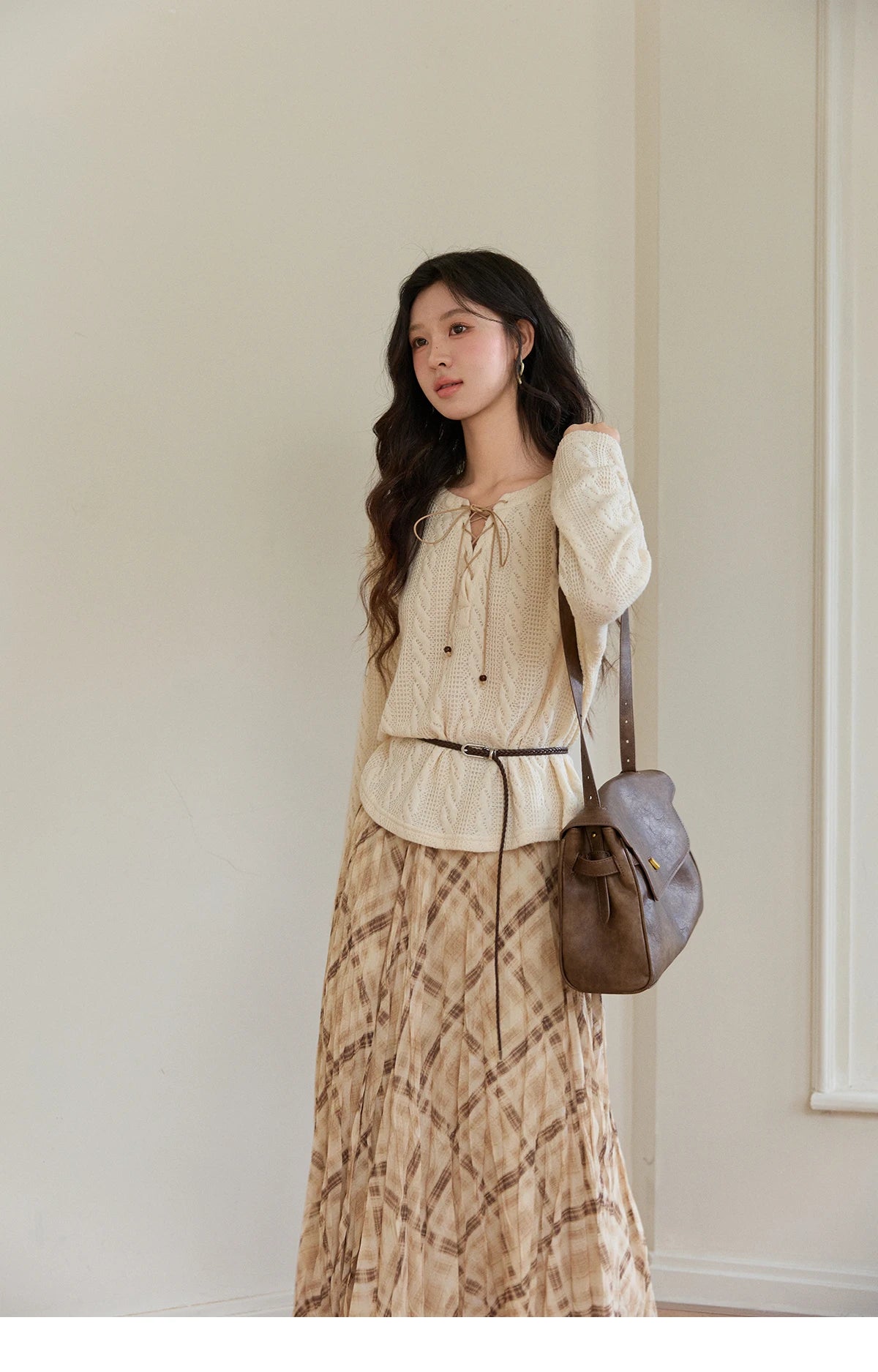 Mishow Beige V-Neck Lace-Up Cable Knit Sweater MXF108Z1029