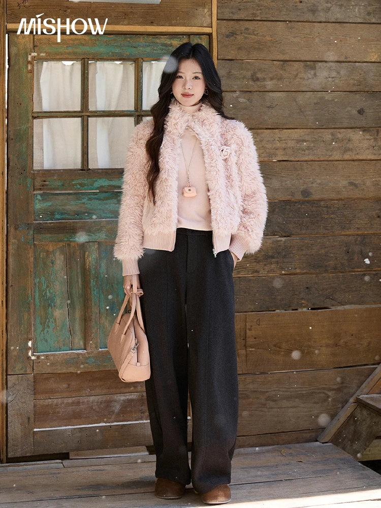 Mishow Pink Stand Collar Faux Lamb Wool Coat MXE91W0974