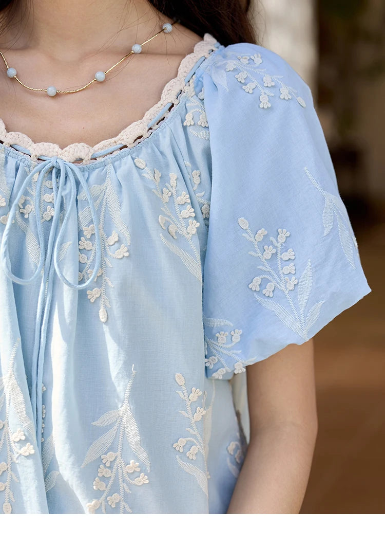 MISHOW Blue Cotton Embroidered Blouse Wave Edged O-Neck MXE35X1791