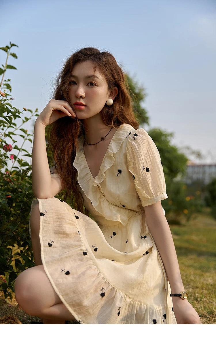 Mishow French Floral High Waist Puff Sleeve Dress MXC21L1282