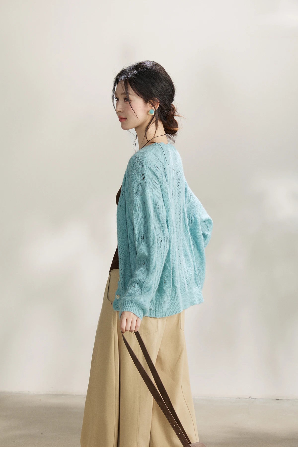 Mishow Blue Hollow Out V-Neck Wool Cardigan MXF13Z2975