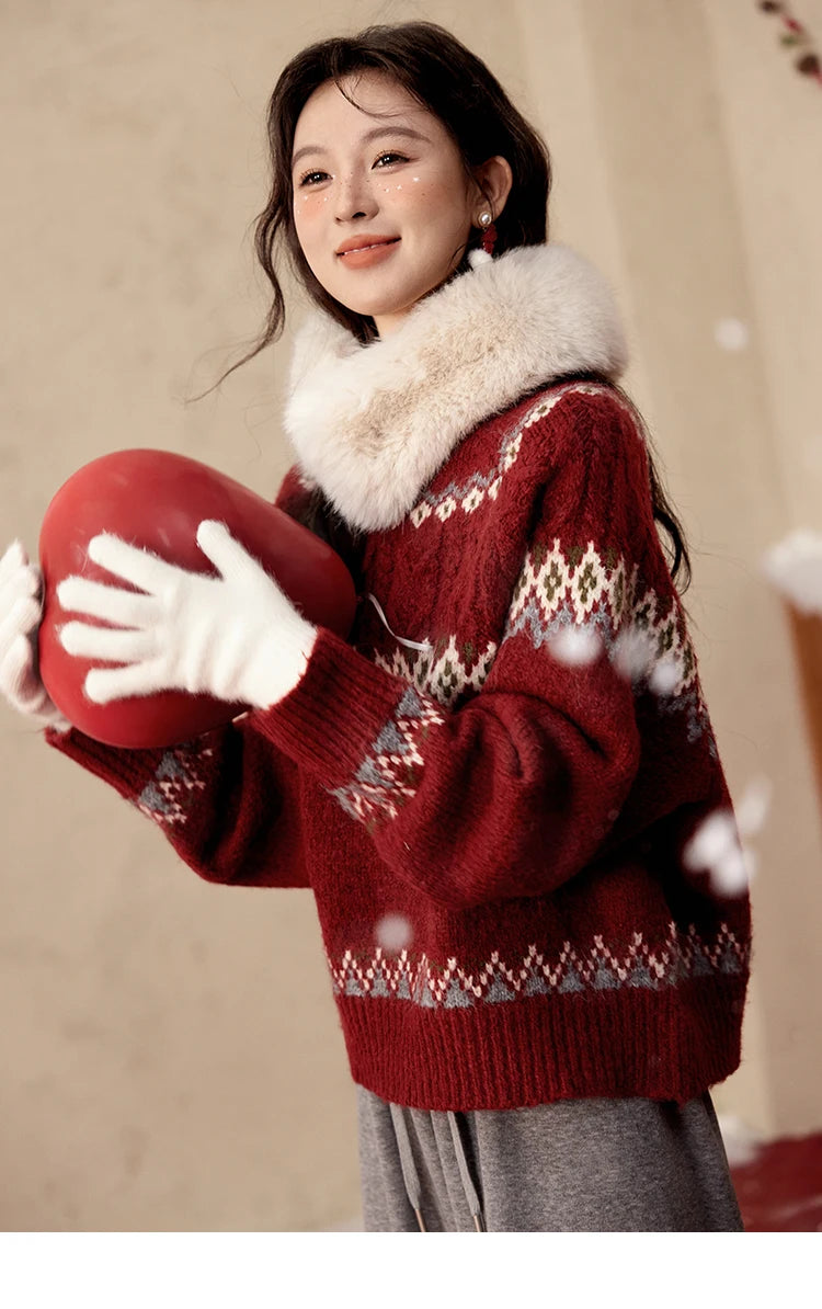Mishow Red Fair Isle Raglan Sleeve Sweater MXD58Z1035
