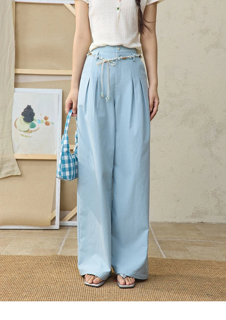 MISHOW Sea Salt Blue Wide Leg Pants Contrasting Bead Belt MXE35K0931