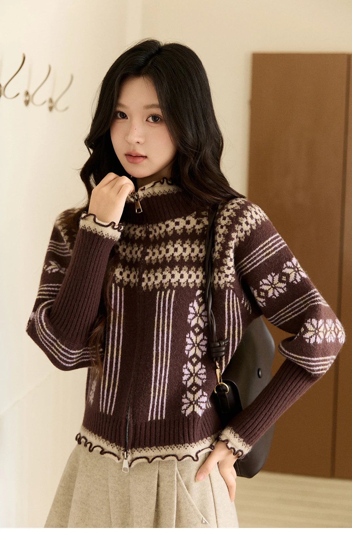 Mishow Brown Fair Isle Lantern Sleeve Zipper Top MXE91Z2868