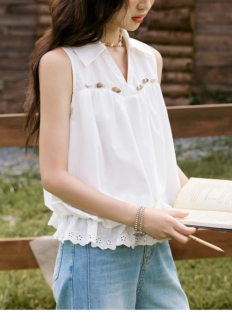 MISHOW Sleeveless Blouse Turn-Down Collar Hollow Lace MXE31X1760