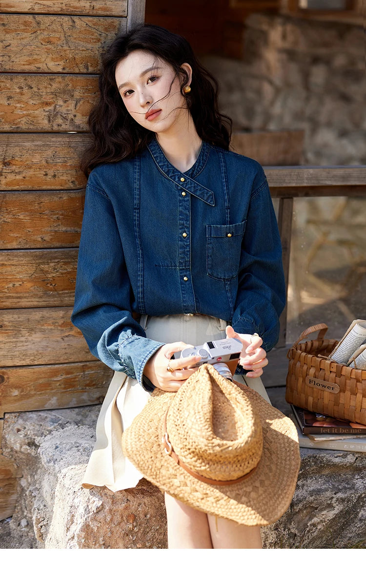 MISHOW 100% Cotton Denim Shirt O-Neck Loose Fit MXE12C0384