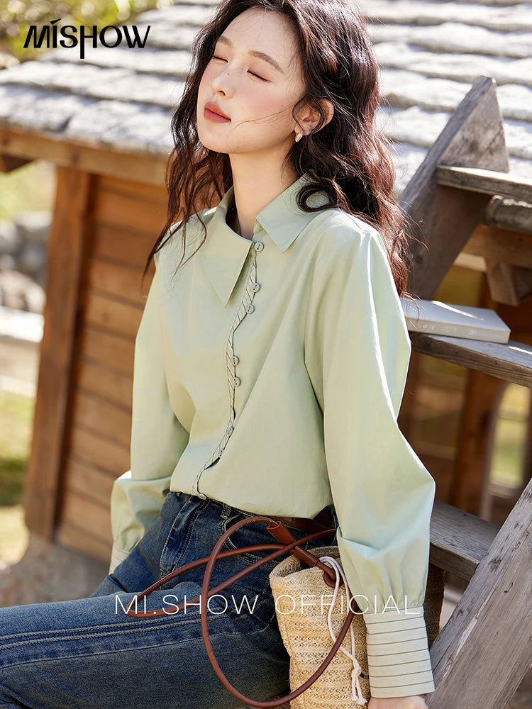 MISHOW Pink Embroidered Linen Blouse Square Collar MXE35X1834