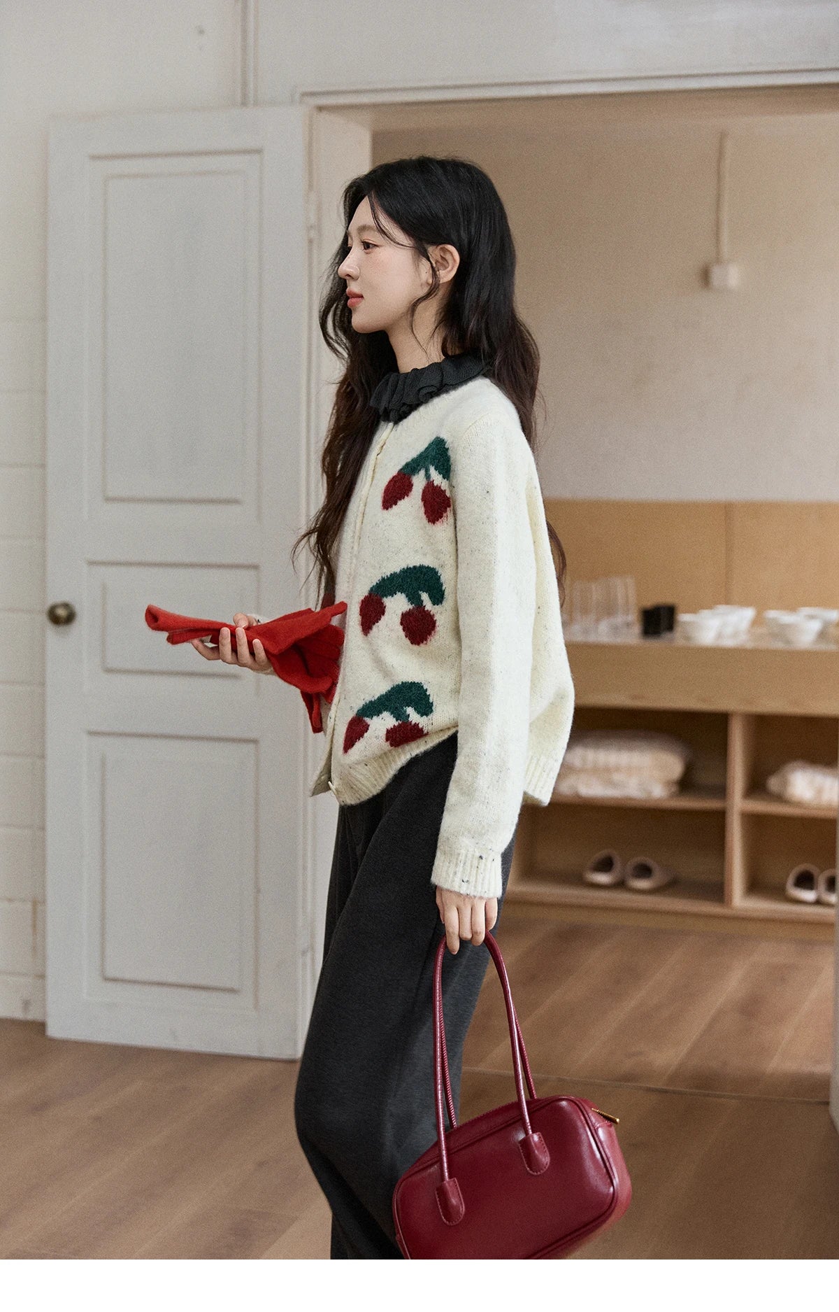 Mishow Cherry Jacquard Flecked Drop Shoulder Cardigan MXE91Z2837