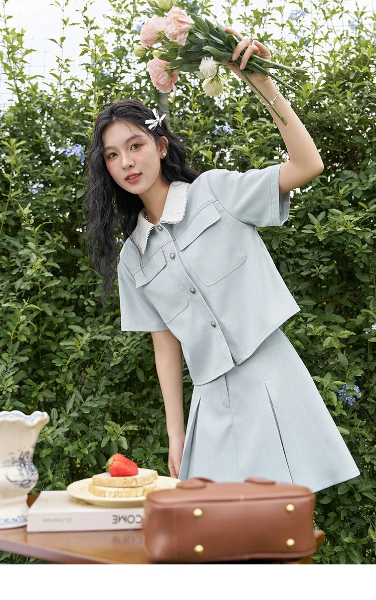 Mishow French Lapel Top & High Waist Pleated Skirt Set MXD24C0201