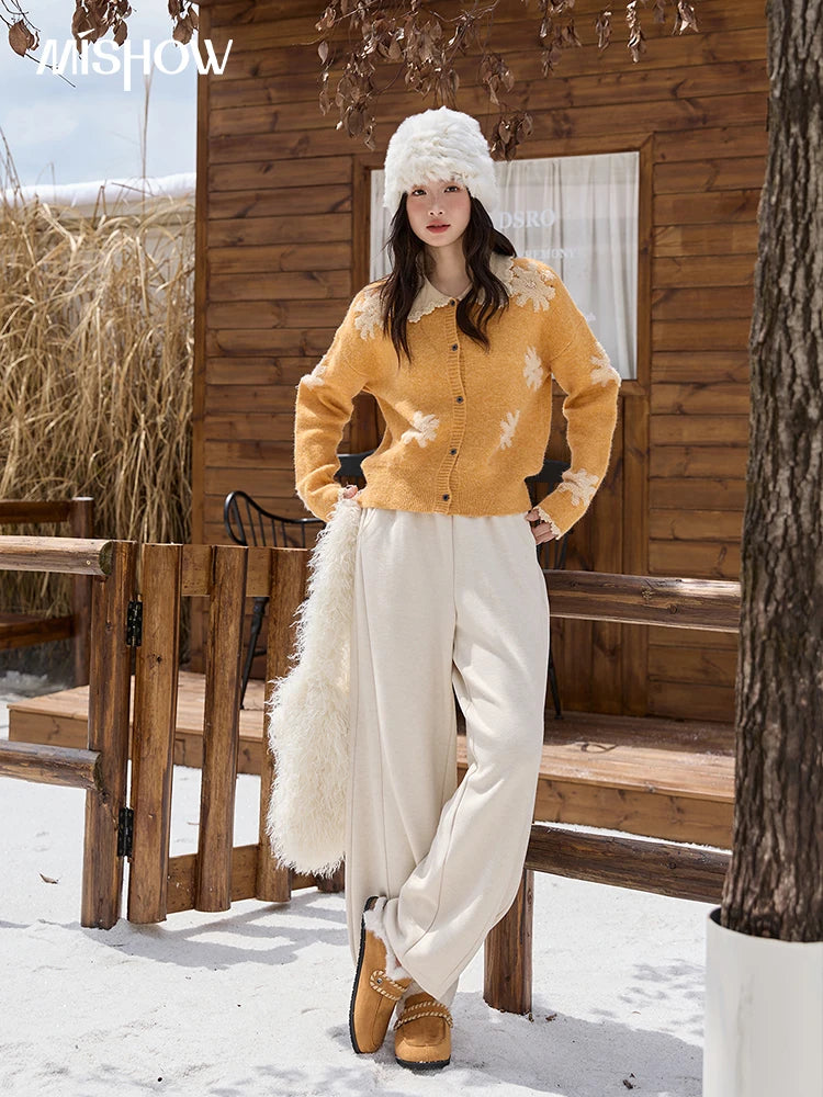 Mishow Yellow Retro Jacquard Turn-Down Collar Cardigan MXE88Z2691