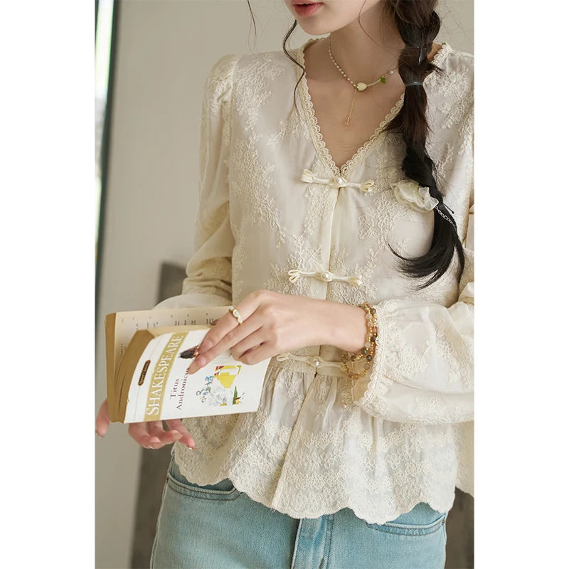 MISHOW Chinese Lace Blouse V-Neck Embroidery MXD14X1433
