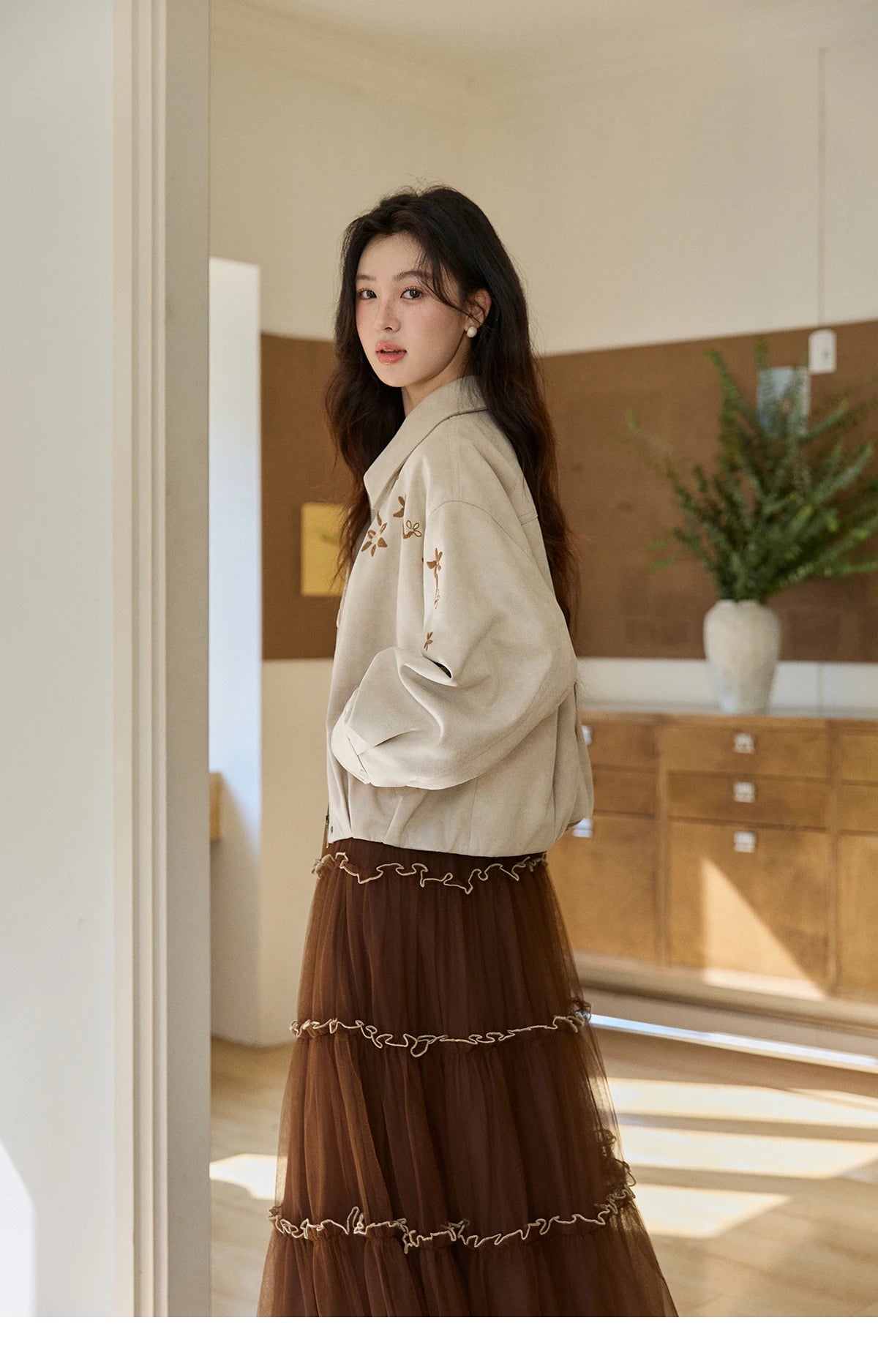MISHOW Imitation Suede Jacket Floral Embroidery Lapel Zipper MXF11W1027