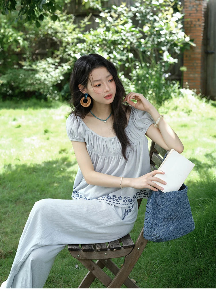 Mishow Embroidery Flower Round Neck Blouse & Pocket Wide Leg Pants Set MXE39T0669