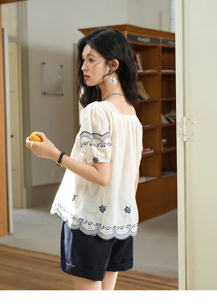 MISHOW Square Neck Puff Sleeve Blouse Flower Embroidery Hollow MXE39X1953