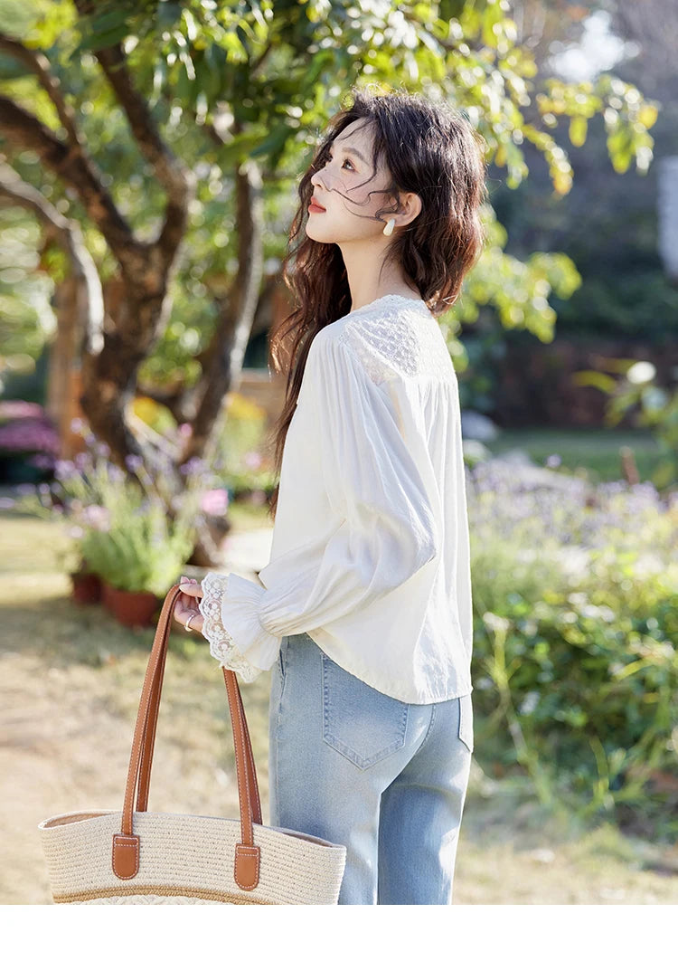 MISHOW Lace Patchwork Shirt V-Neck Fungus Edge Petal Sleeve MXE13X1713