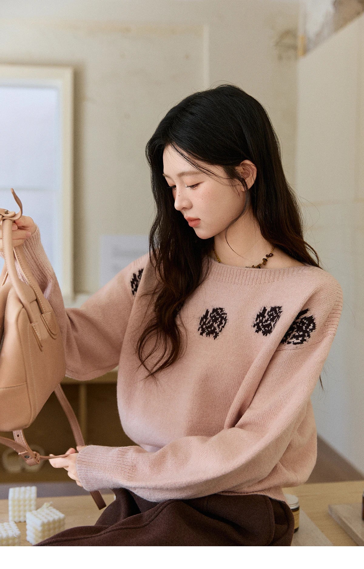 Mishow Pink Jacquard Lantern Sleeve Drop Shoulder Sweater MXE91Z2775