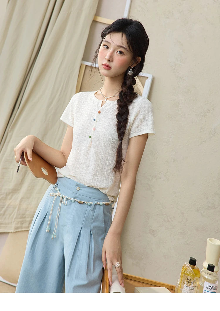 MISHOW Sea Salt Blue Wide Leg Pants Contrasting Bead Belt MXE35K0931