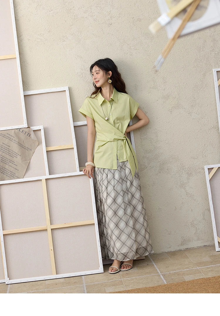 MISHOW Apricot Green Retro Plaid Skirt Pleated Chiffon High Waist A-Line MXE35B0747