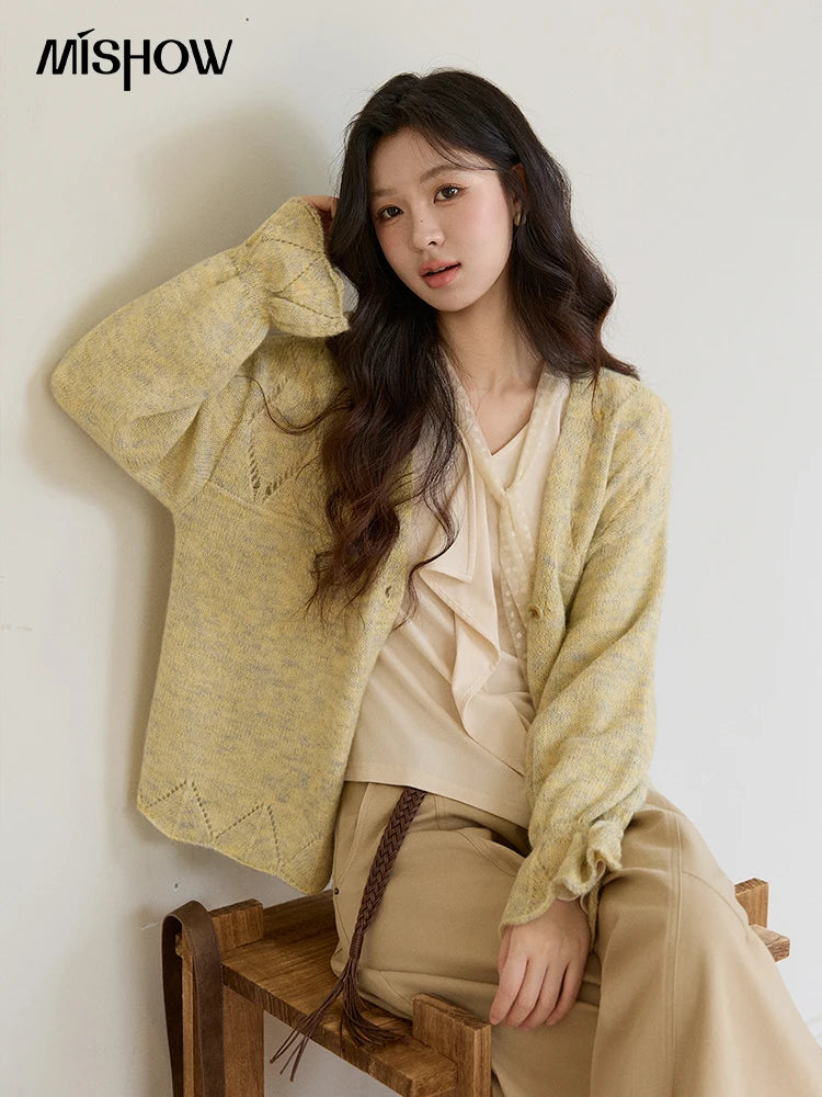 Mishow Marled Yellow Mohair Flare Sleeve Cardigan MXF108Z1021