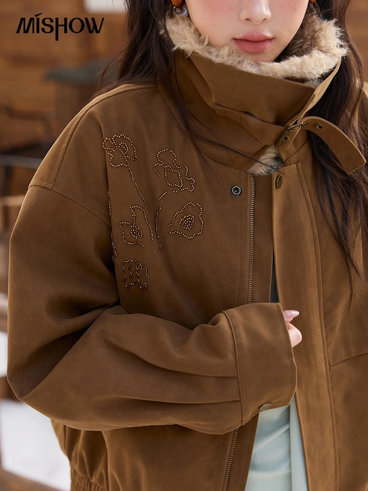MISHOW Brown Suede Jacket Detachable Fur Collar Zipper MXE51W0876