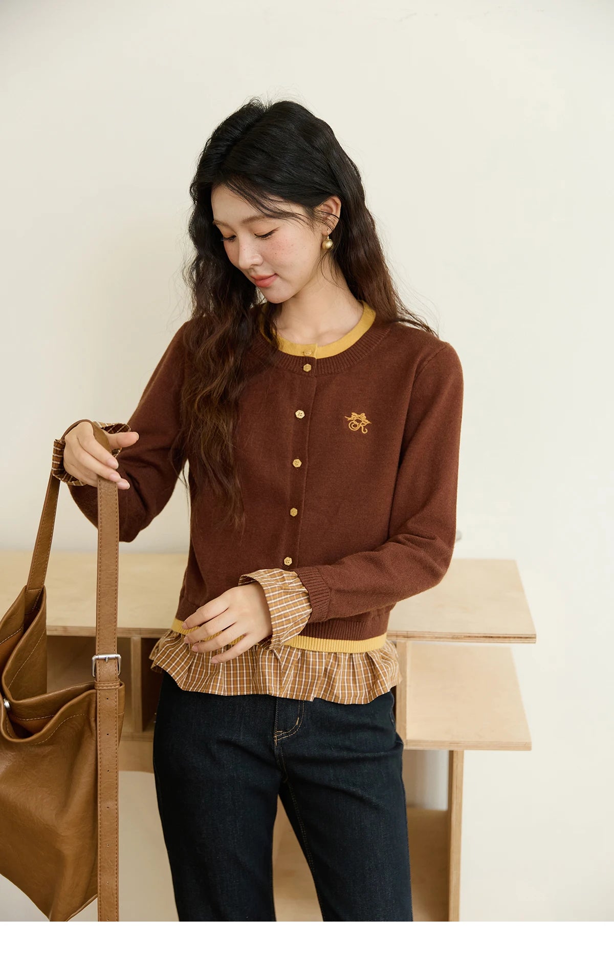 Mishow Fake Two Bow Embroidered Plaid Splicing Sweater MXE46Z2495