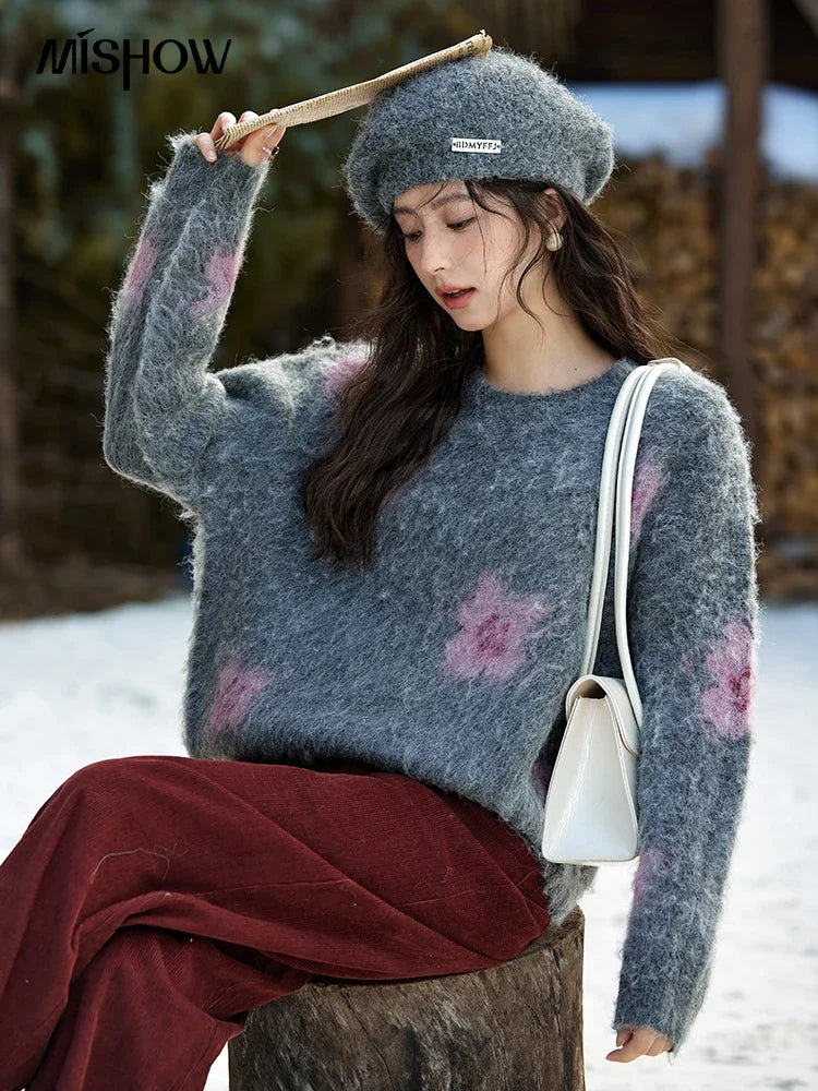 Mishow Wool Yarn Plush Fur Flower O-Neck Pullover MXD56Z1001