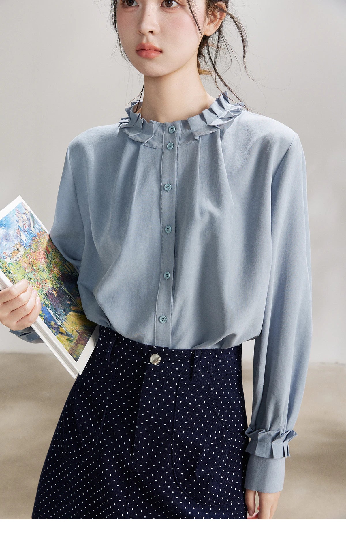 MISHOW Peach Skin Solid Shirt Ruffled Crew Neck MXF11C2431