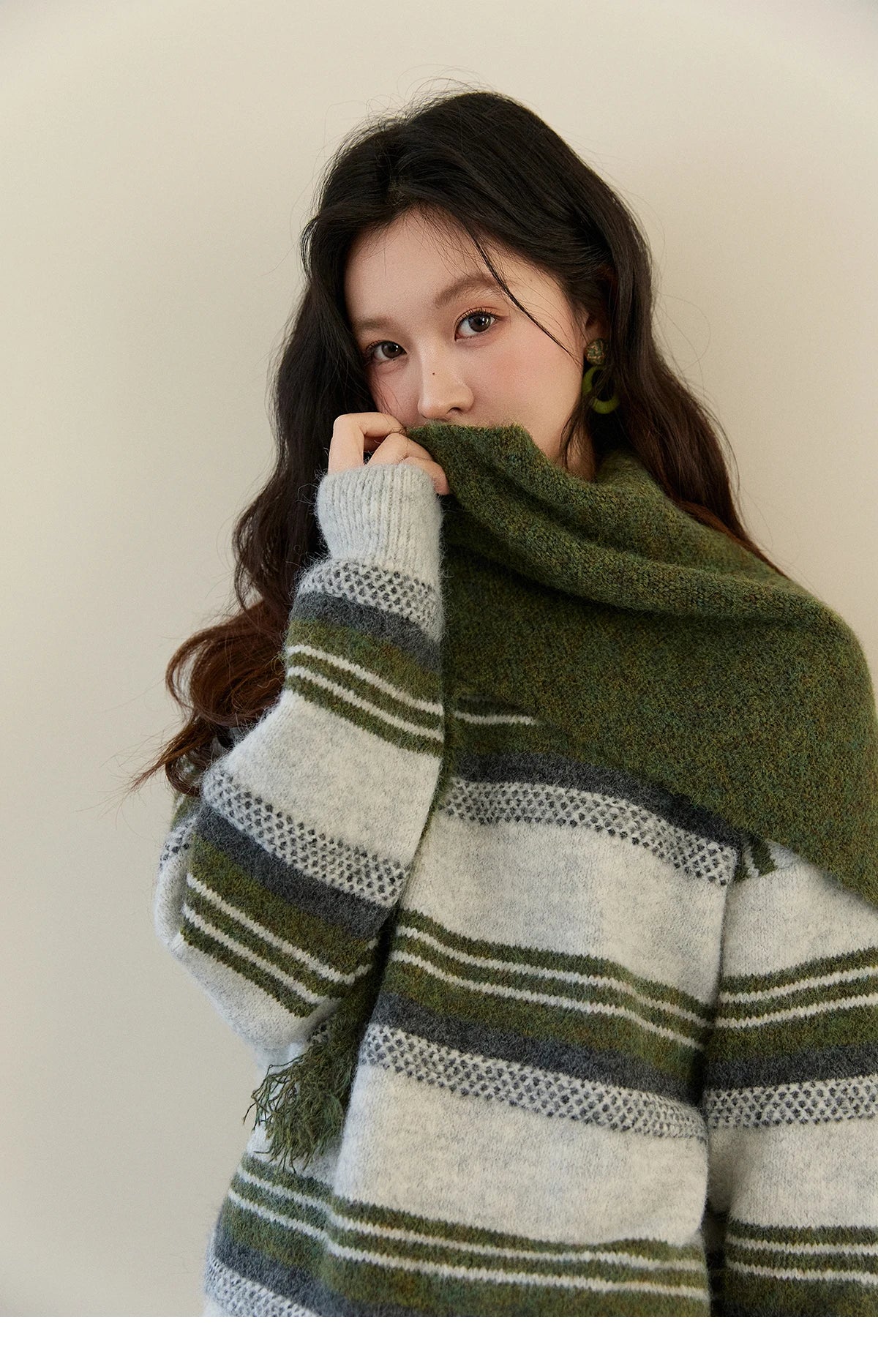 Mishow Wool Blend Retro Striped Sweater with Scarf MXE94Z2987