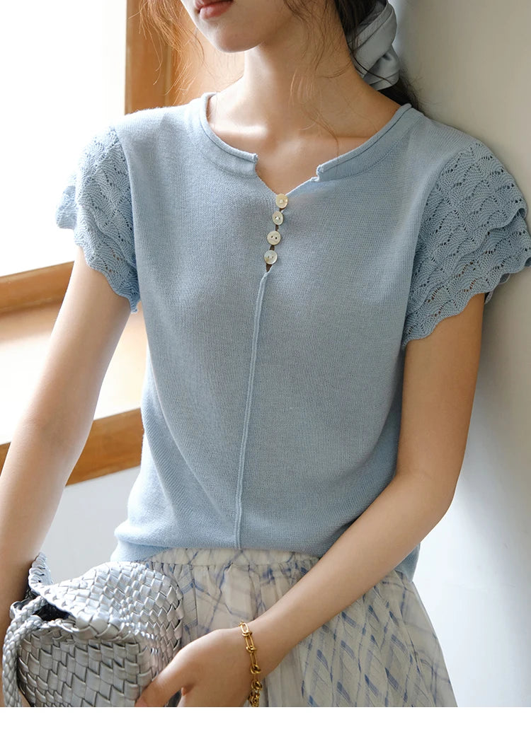 Mishow Blue Button O-Neck Wool Tee MXE34Z1262
