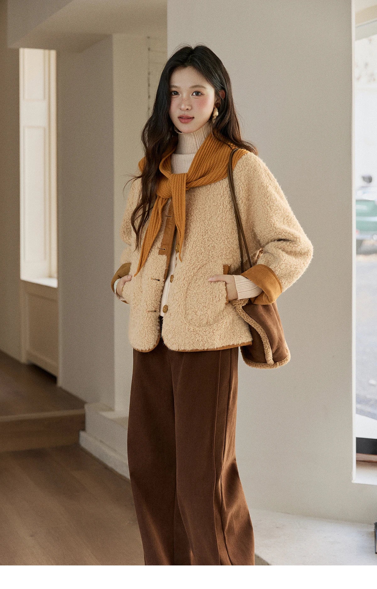 Mishow Lamb Wool Jacket with Color Block Knitted Shawl MXE91W0969