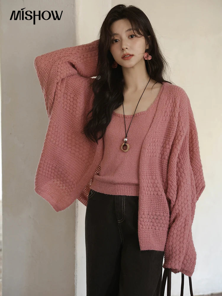 Mishow Pink Long Sleeves Cardigan with Vest Set MXE44T0737