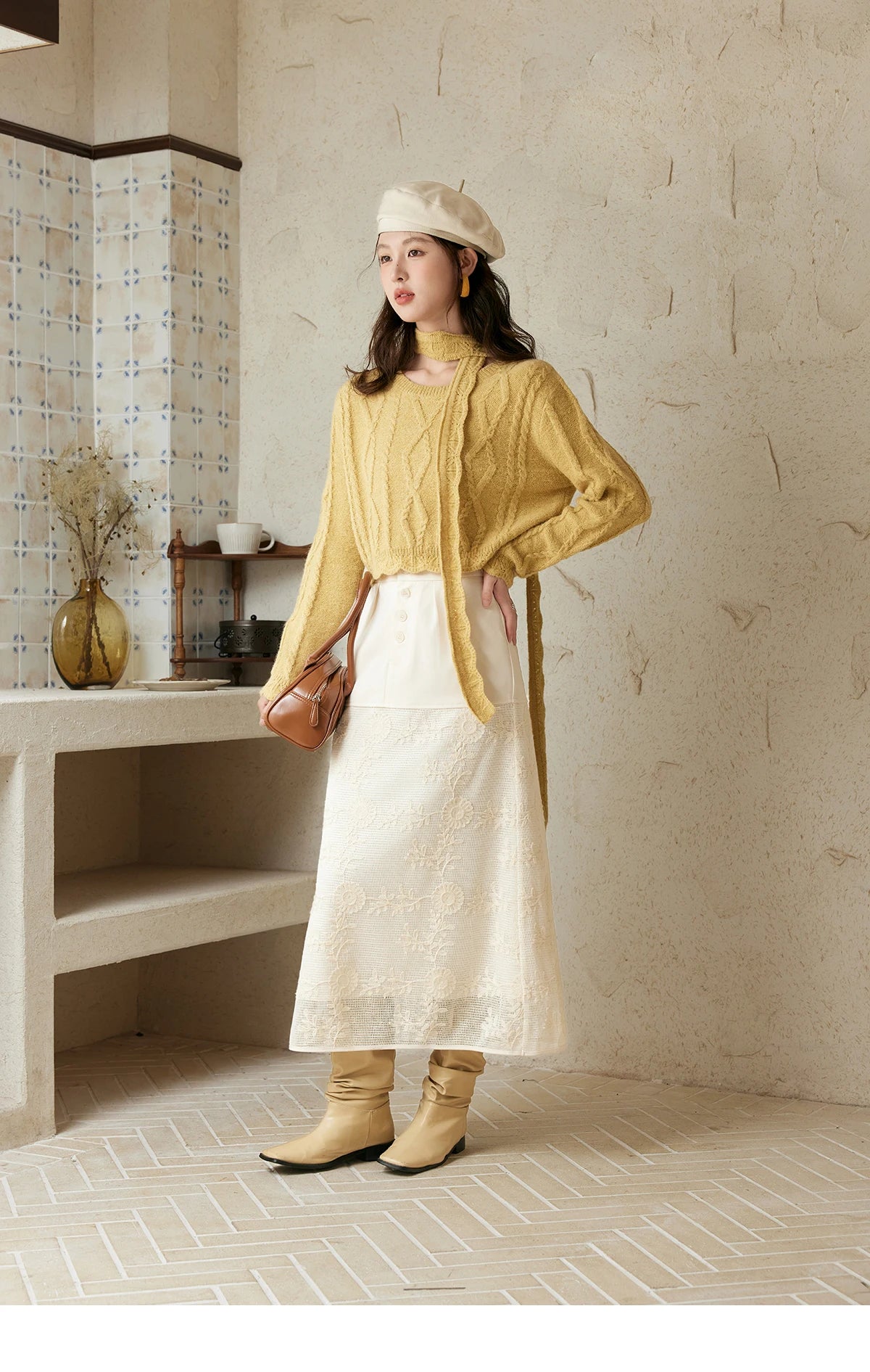 MISHOW Romantic Lace Wave Knit Sweater with Belt MPD42Z0736