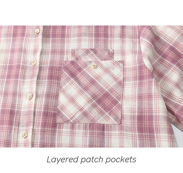 MISHOW Purple Plaid Cotton Shirt Polo Neck Pockets MXE14C0417