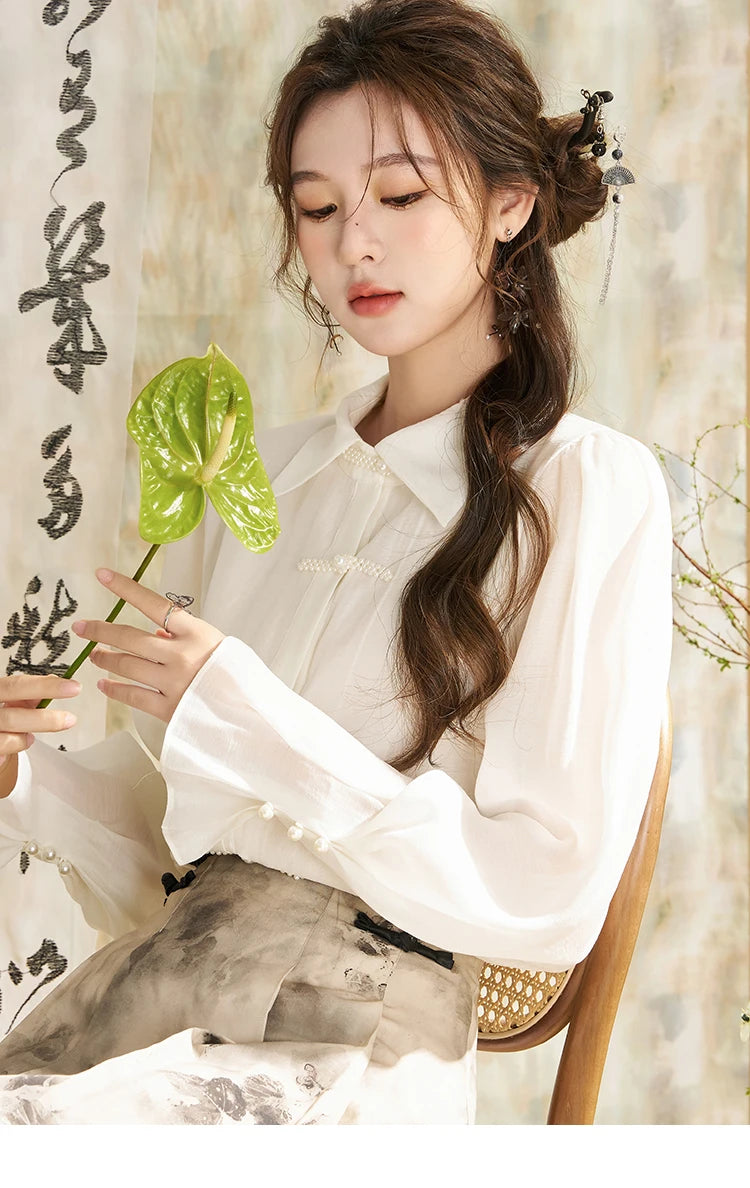 MISHOW Chinese Lapel Shirt Pearl Embellishments Petal Sleeve MXD11X1344