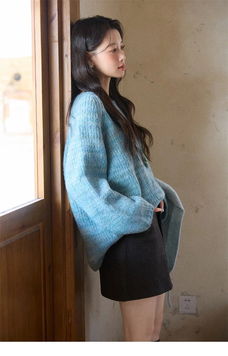 Mishow Blue Loose Crew Neck Long Sleeve Pullover MXE86Z2733