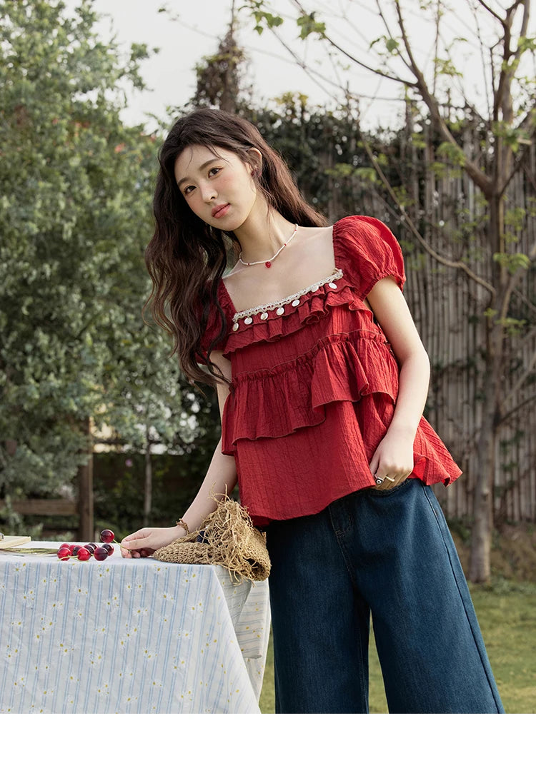 MISHOW Square Collar Puff Sleeve Tiered Blouse MXE33X1763