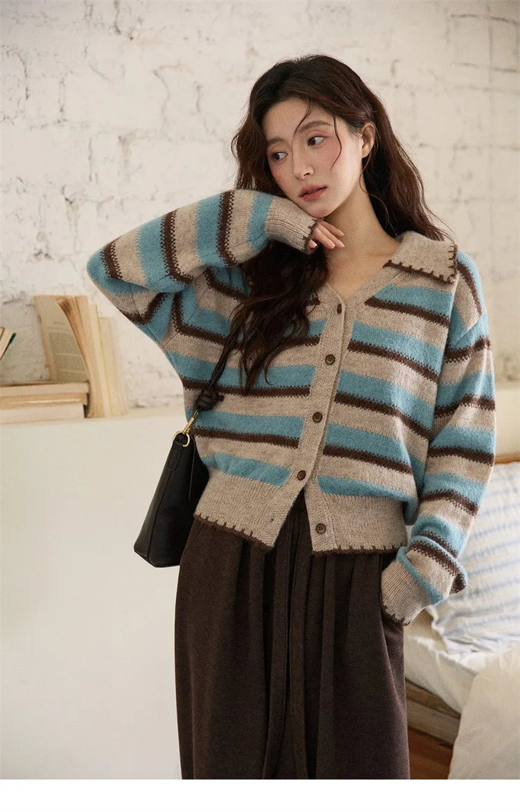 Mishow Retro Striped V-Neck Wool Cardigan MXE87Z2681