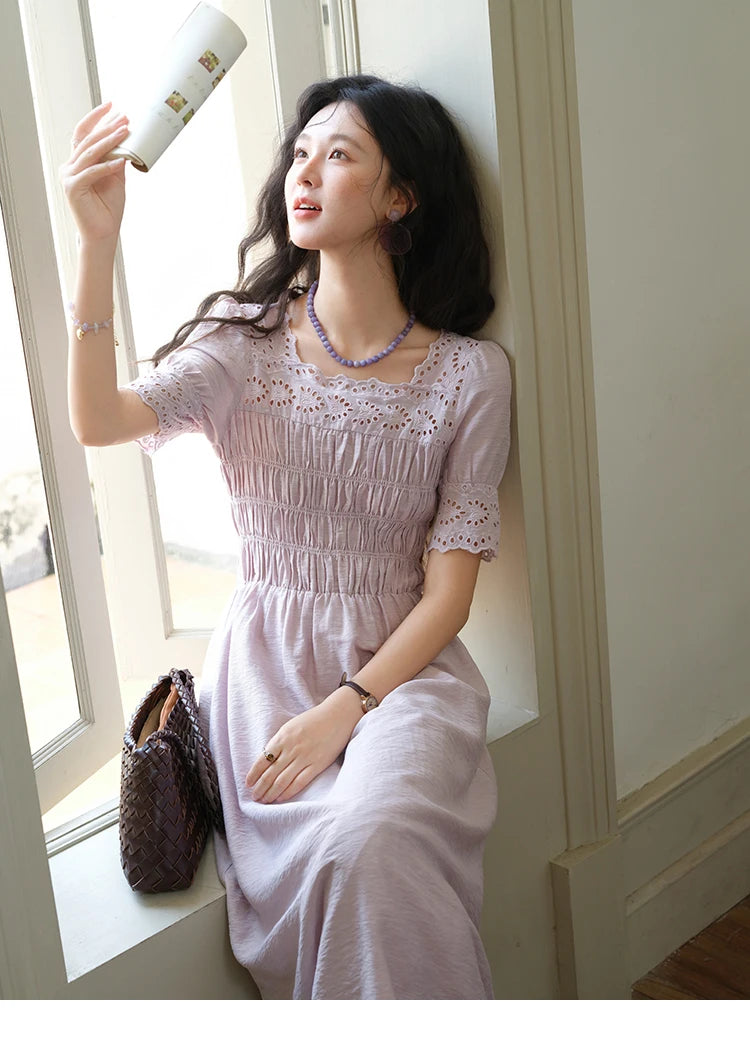 Mishow Purple Square Neck Puff Sleeve Lace Dress MXE39L2406