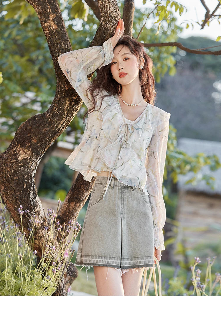 MISHOW Floral Blouse with Camisole Set V-Neck Lace Up MXE13X1718