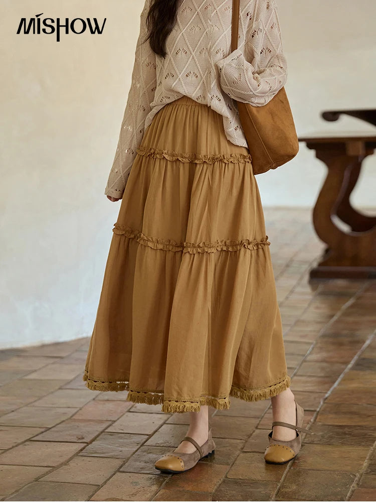 MISHOW Retro Orange Lyocell Skirt Black Fungus Edge Tassel MXE42B2386