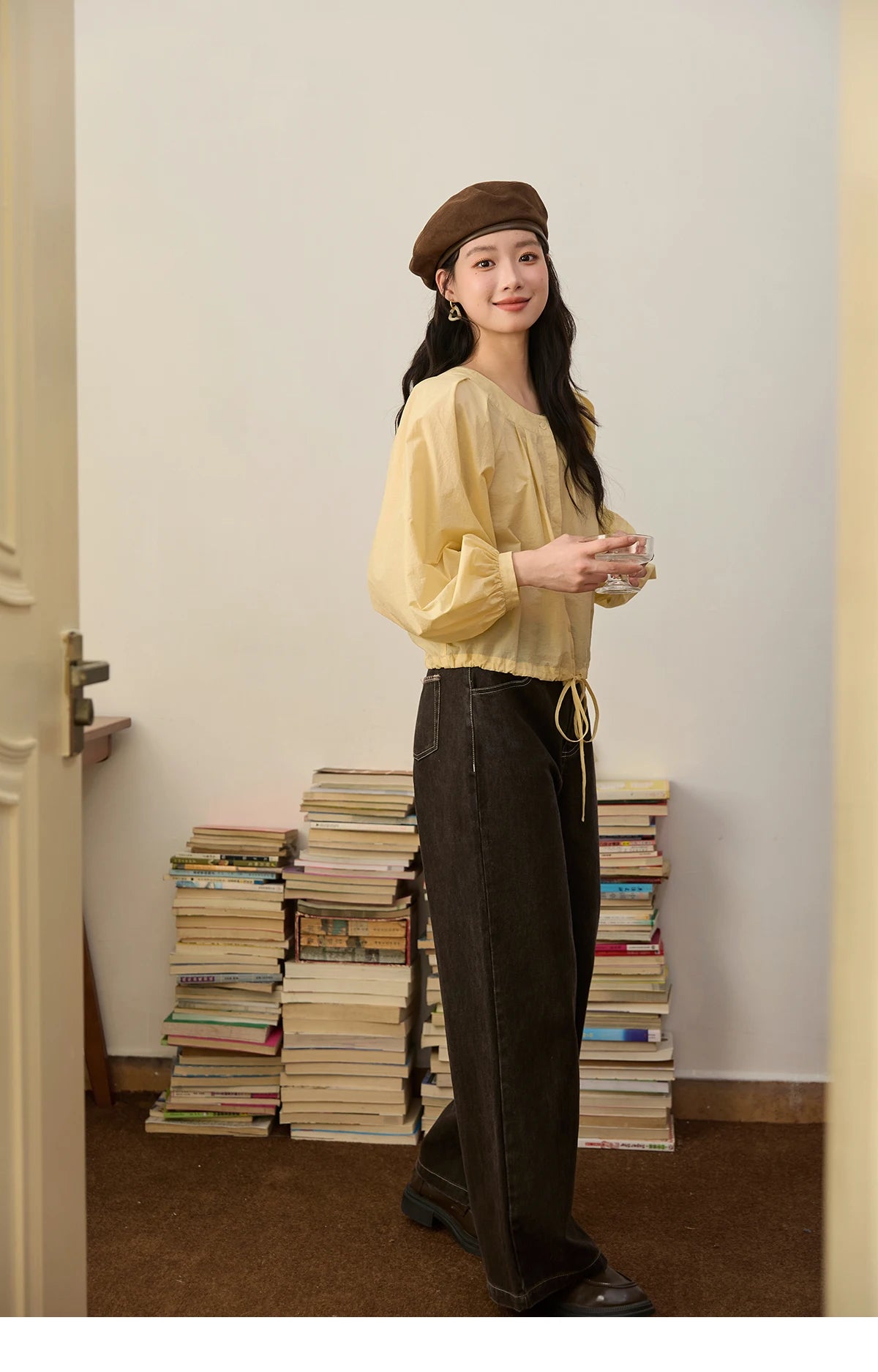 MISHOW Light Yellow Pleated Shirt Drawstring Hem Lantern Sleeve MXE45X2490