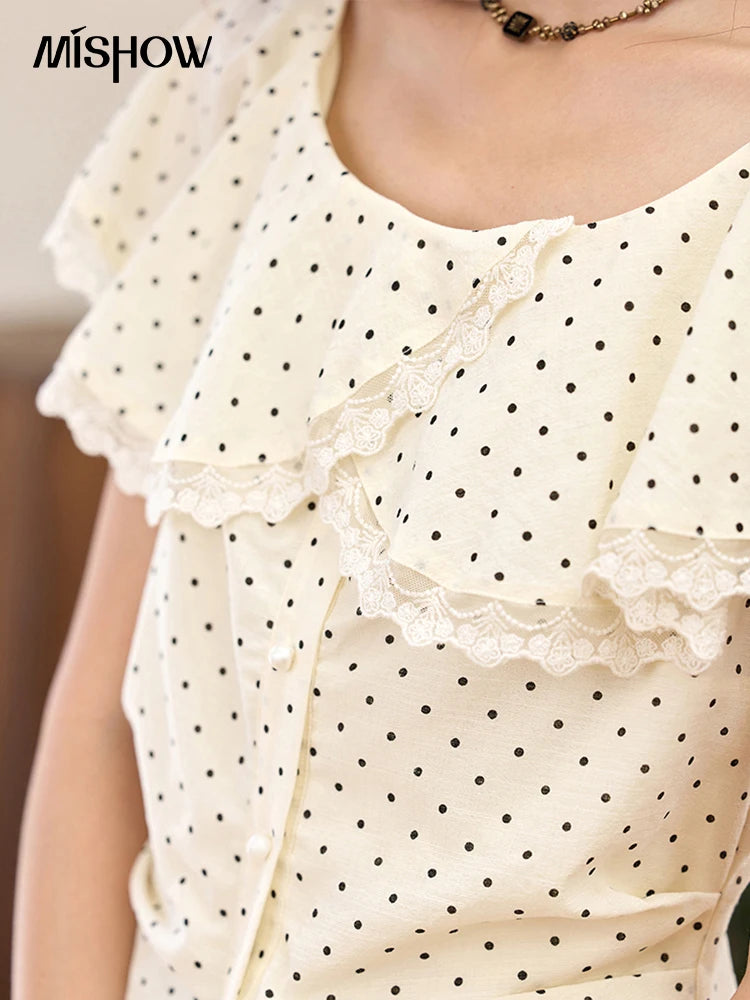 MISHOW Apricot Polka Dot Shirt Ruffle Edge Patchwork Lace MXE34X1783