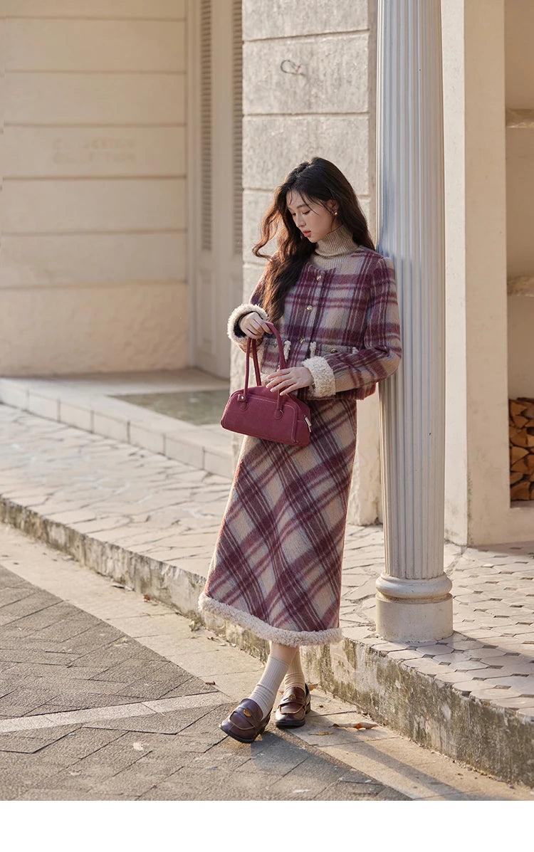 Mishow Plaid Tweed Jacket & Midi Skirt Set MXD54W0562