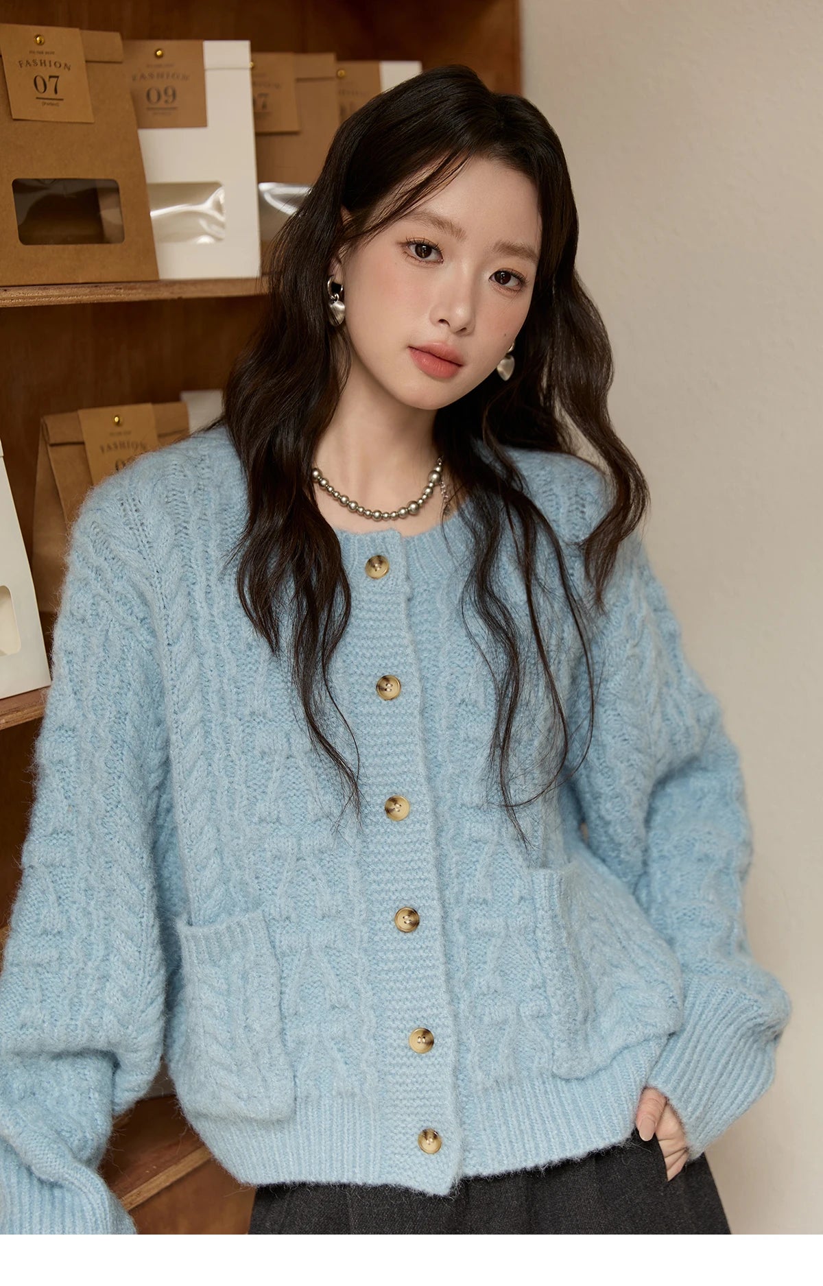 Mishow Light Blue Retro Crew Neck Pocket Cardigan MXE49Z2614
